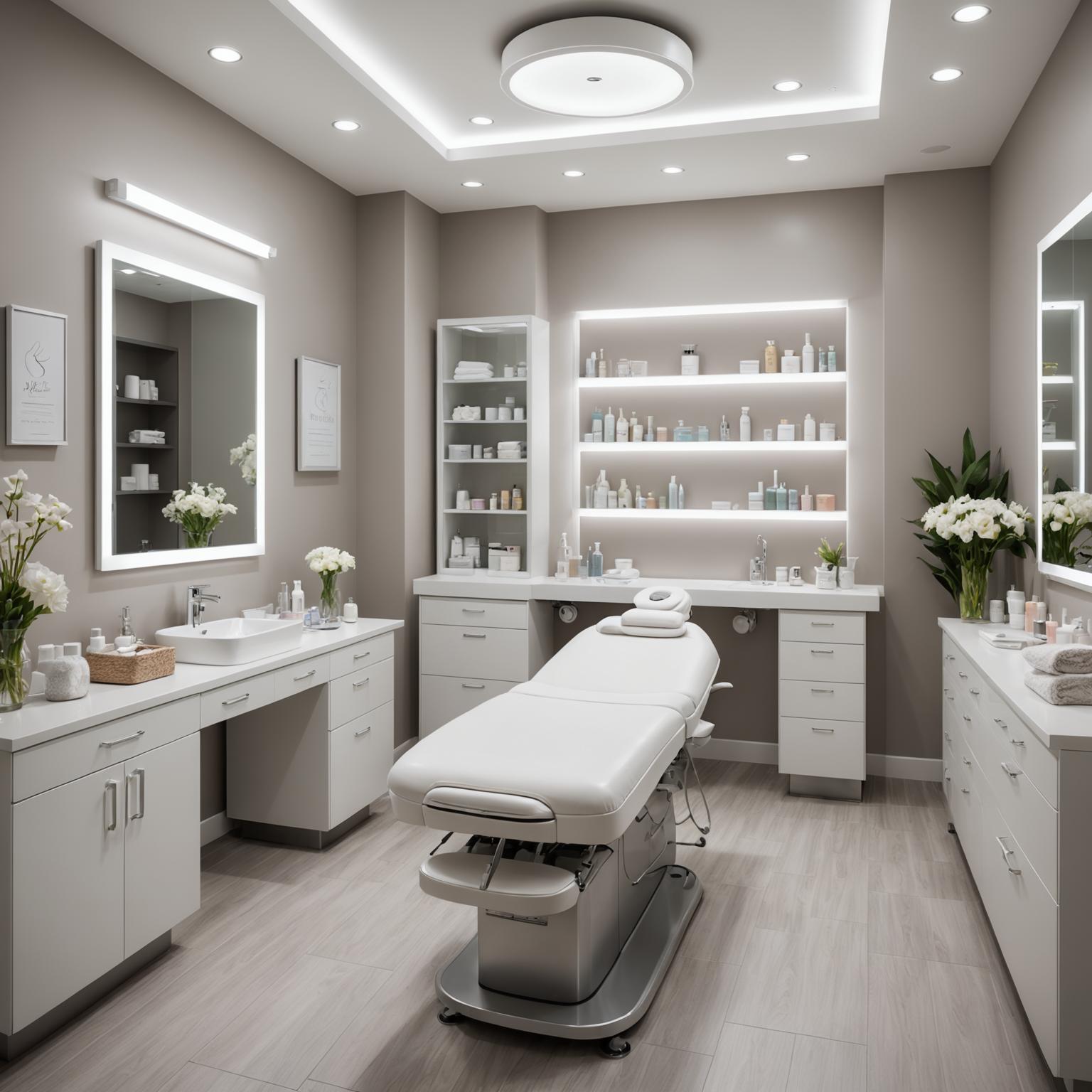 A cozy cosmetic clinic treatment room with a welcoming spa interior and sterile tools neatly arranged.