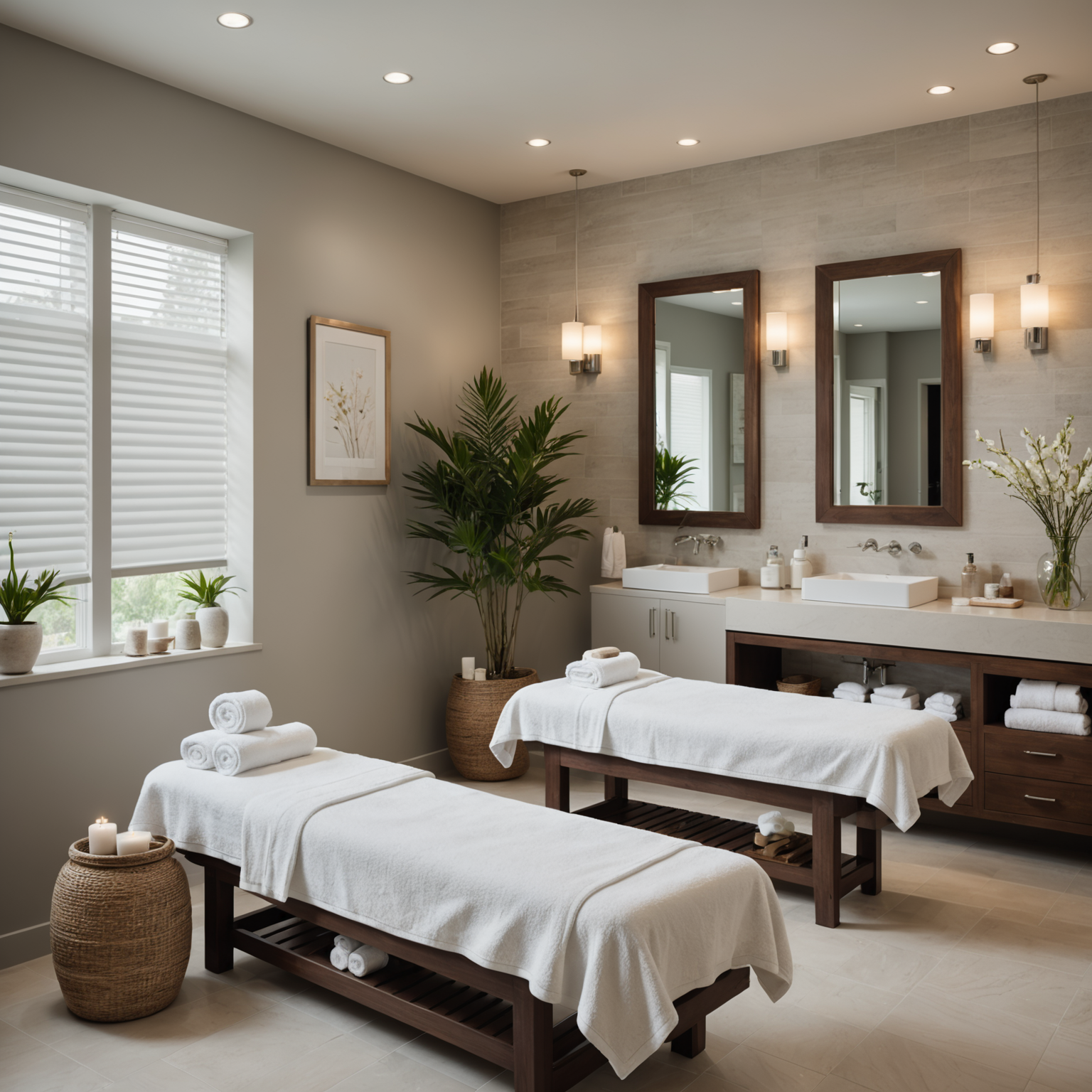 A serene spa interior with a treatment room and skincare textures, highlighting a professional and calming atmosphere.