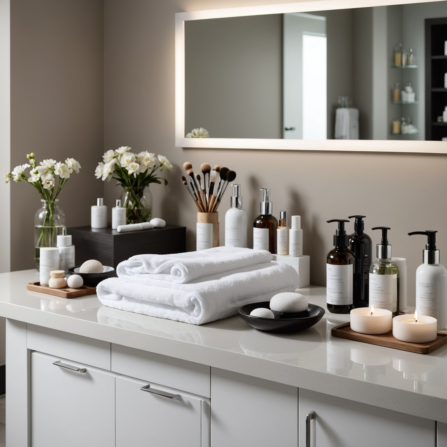 A serene spa interior with esthetician tools neatly arranged, creating a sense of cleanliness and professionalism.