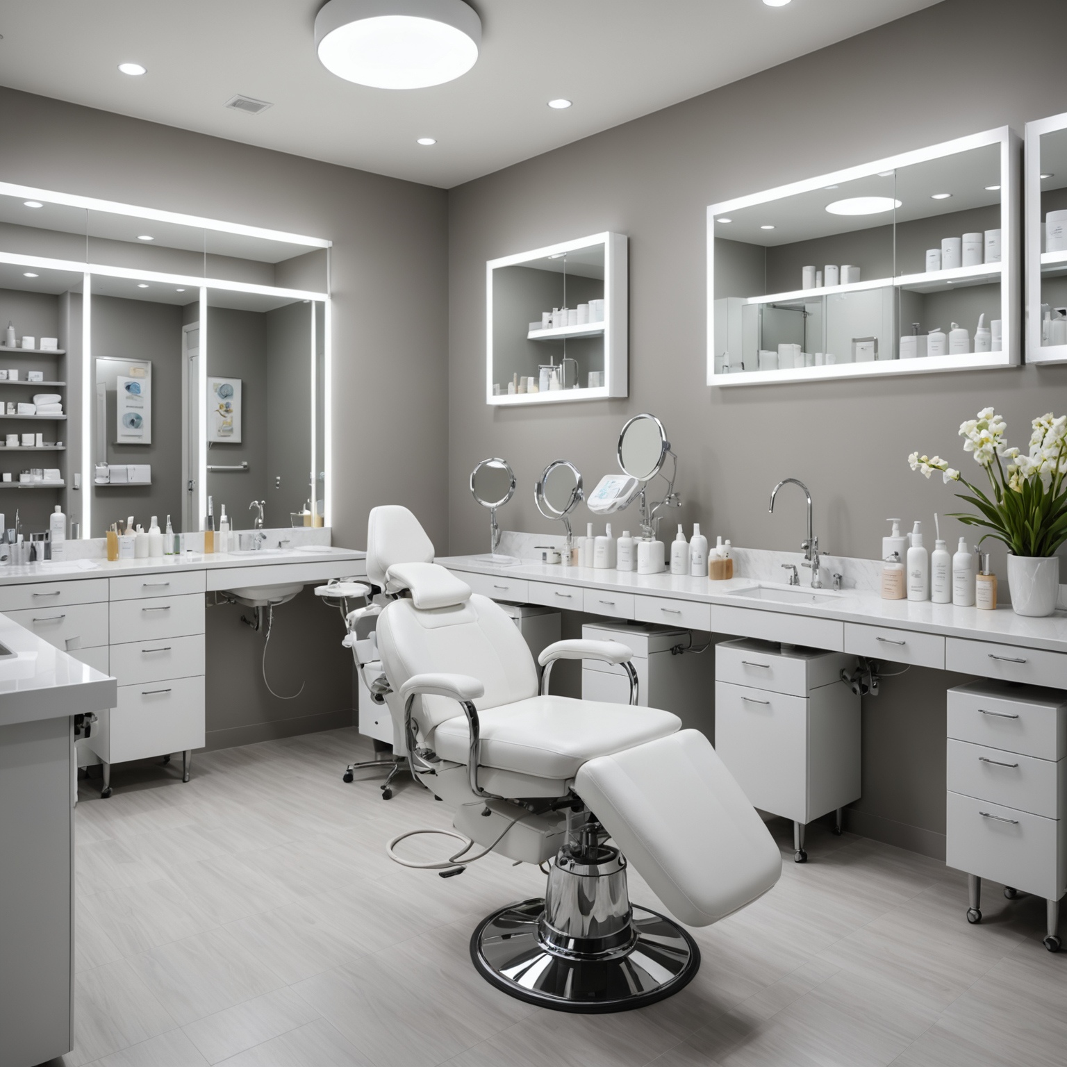Picture of a treatment room with sterile tools and a professional esthetician's hands