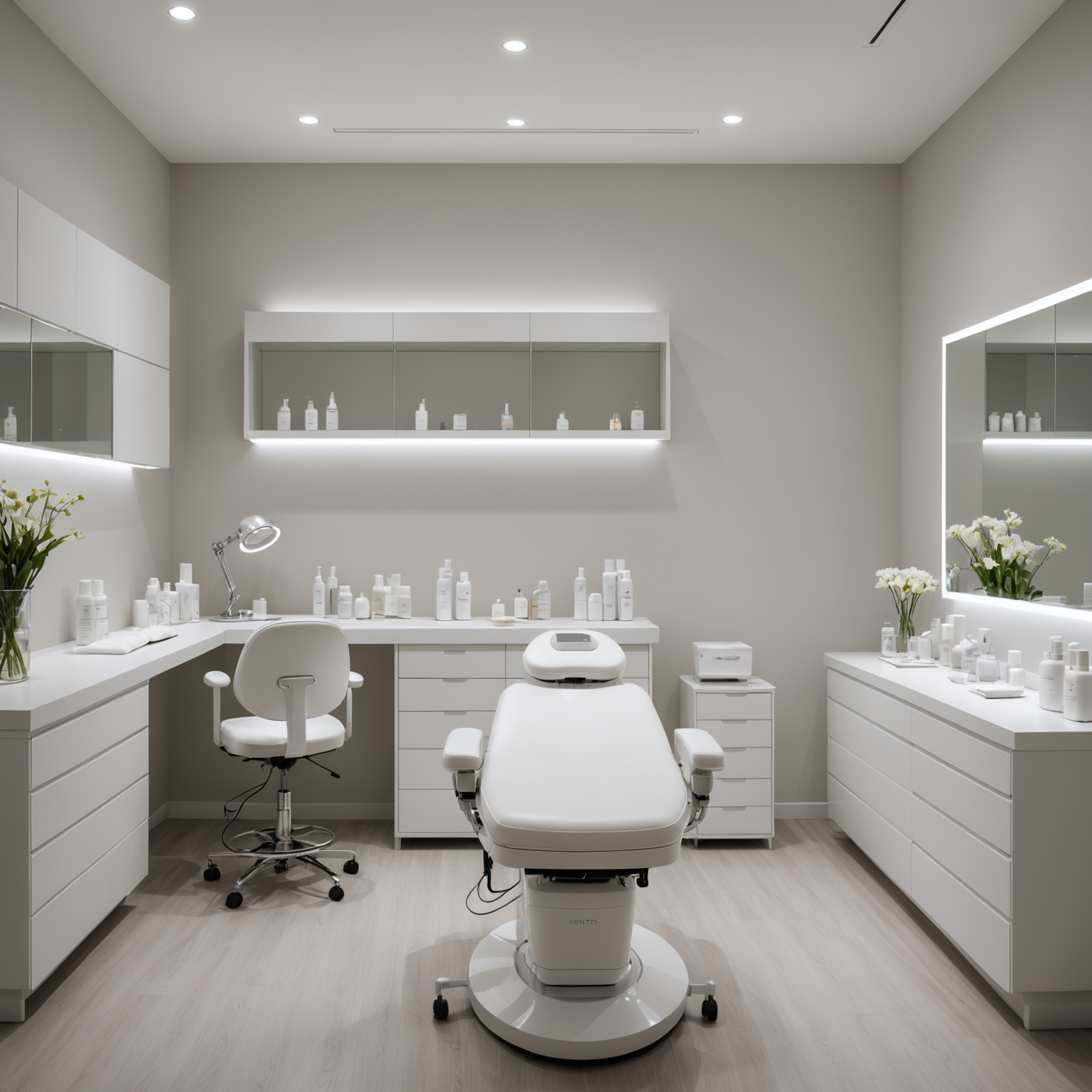 A serene cosmetic clinic treatment room with sterile tools and skincare products.