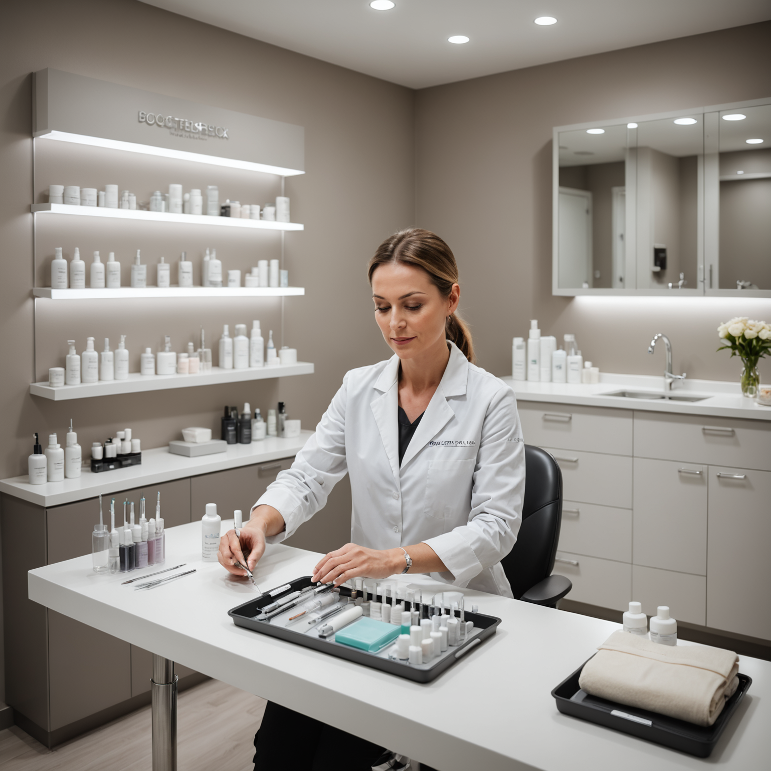 A serene cosmetic clinic treatment room with an esthetician's hands preparing botox syringes on a sterile tray.