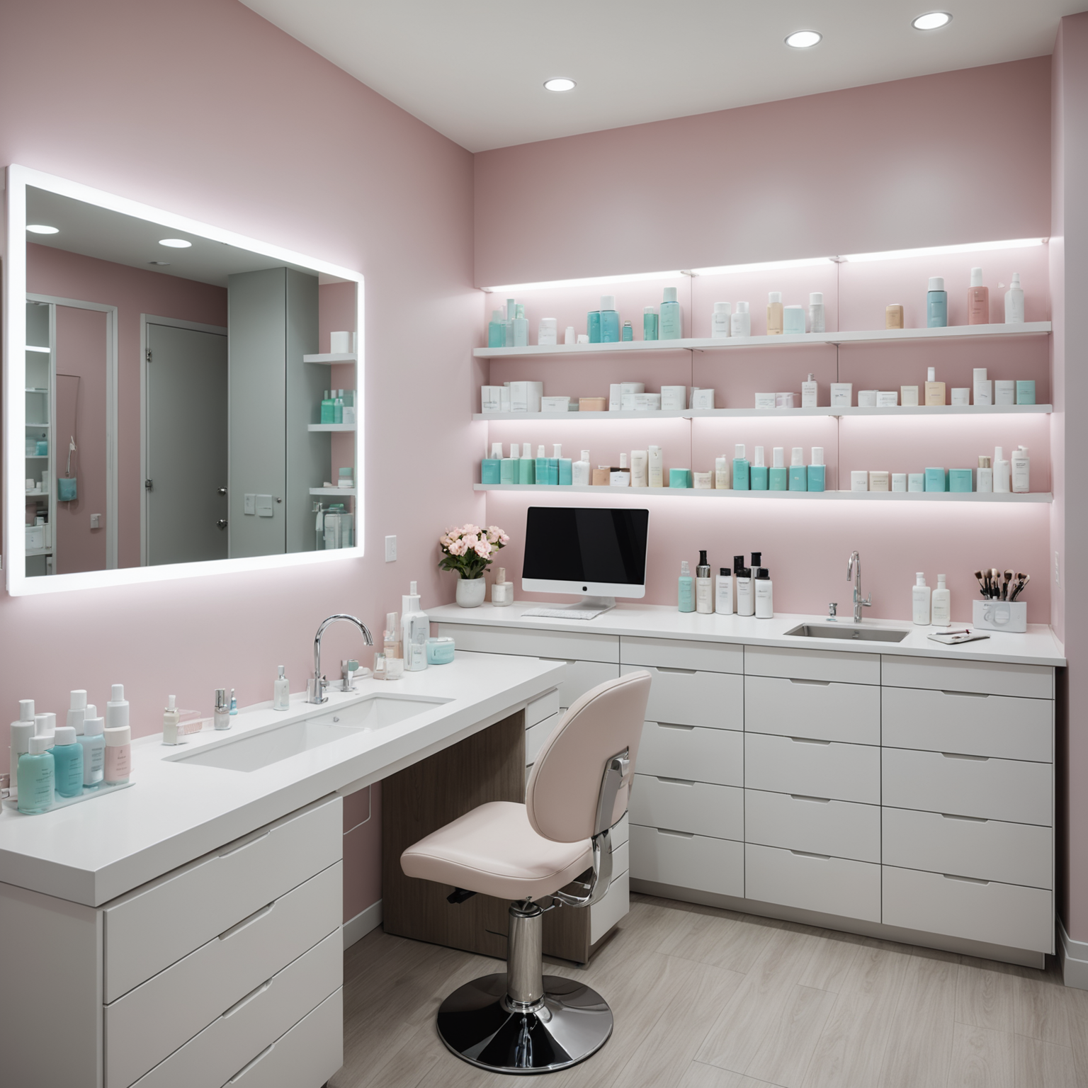 A serene cosmetic clinic room with soft lighting and neatly arranged skincare tools, creating a welcoming and professional atmosphere.