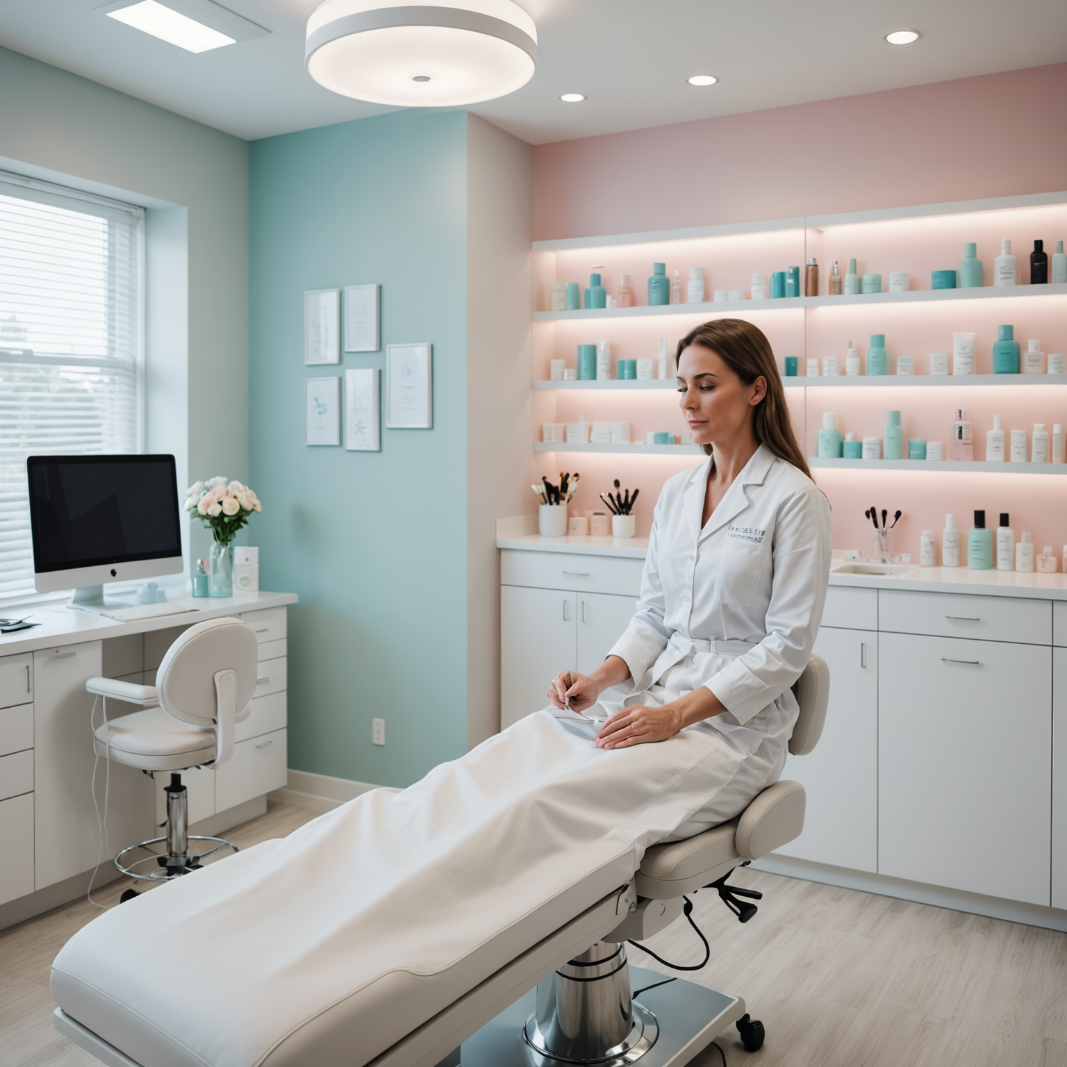 A serene cosmetic clinic interior with an esthetician's hands preparing for a Botox treatment.